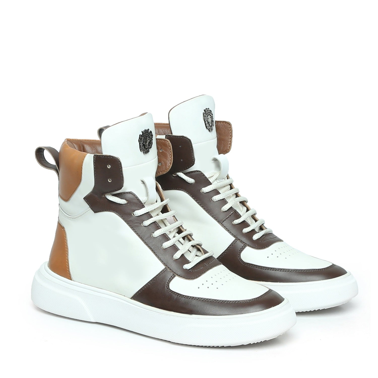 Contrasting Brown & Tan Leather Sneakers White High Ankle by Brune & Bareskin