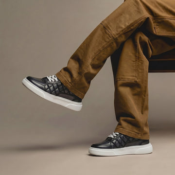 Diamond Stitch Mid-Top Grey Leather Sneaker by Brune & Bareskin