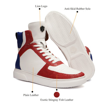 White High Ankle Sneakers with Contrasting StingRay Red & Blue Leather