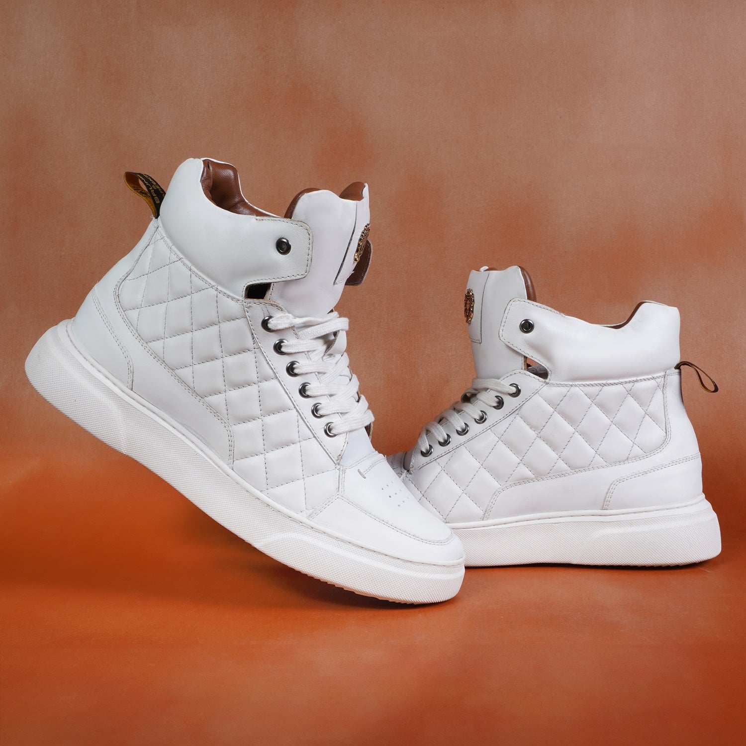 Mid-Top White Leather Sneaker with Diamond Stitch Pattern by