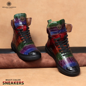Multicolor Sneakers with Deep Cut Croco Textured Leather