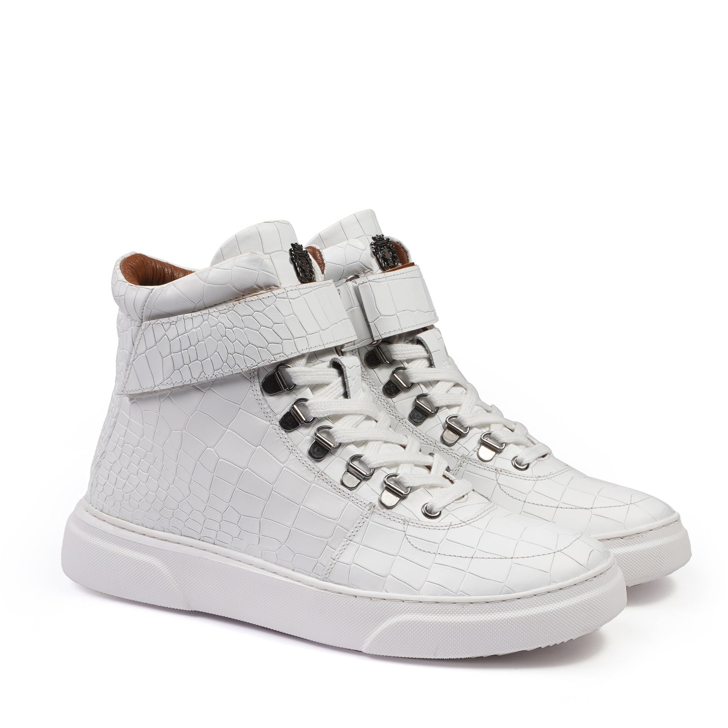 Deep Cut Croco White Leather Lace Ups with Adjustable Leather Strap Mid-Top Sneakers