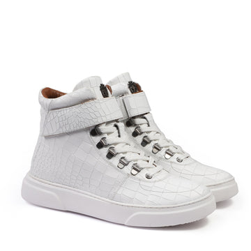 Deep Cut Croco White Leather Lace Ups with Adjustable Leather Strap Mid-Top Sneakers
