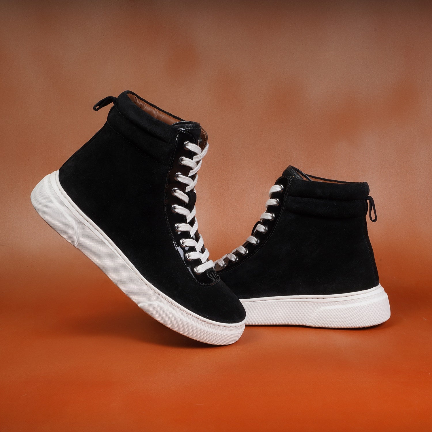 Black Suede Leather With Contrasting Patent Detailing Mid Top Lace-Up