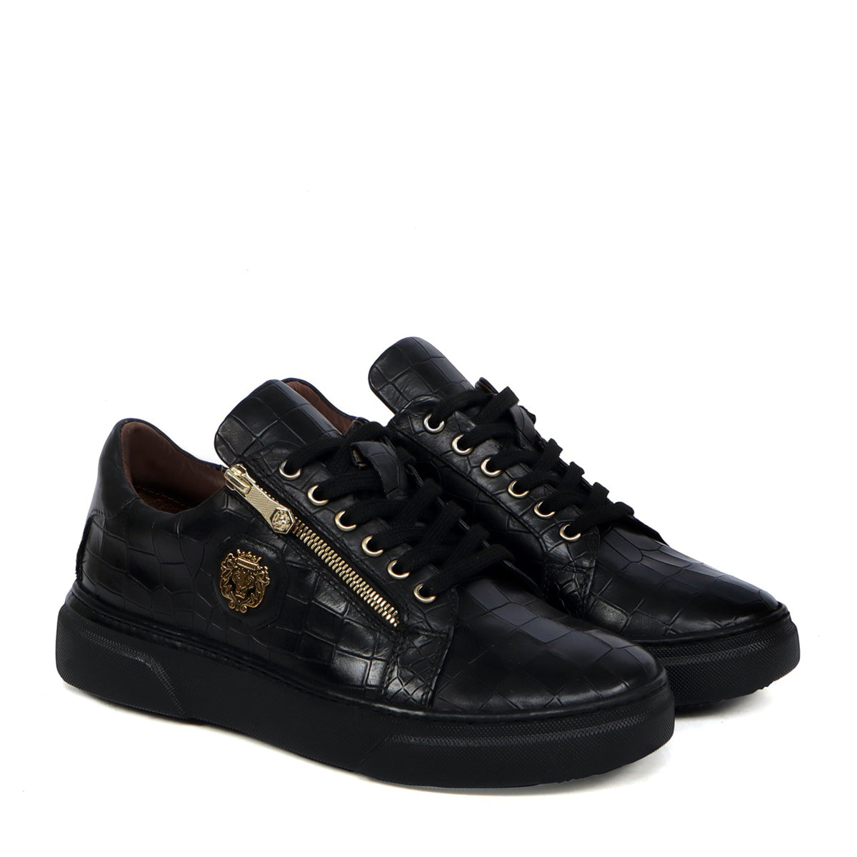 Zipper Black Sneaker in Full Deep Cut Leather with Lace-Up Closure