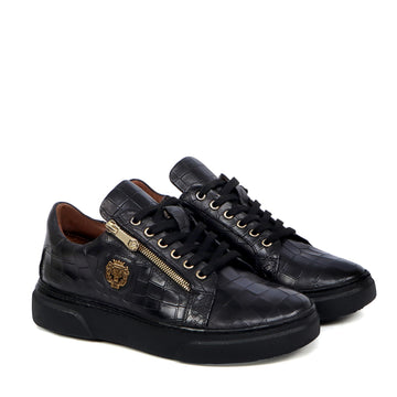 Zipper Black Sneaker in Full Deep Cut Croco Leather with Lace-Up Closure