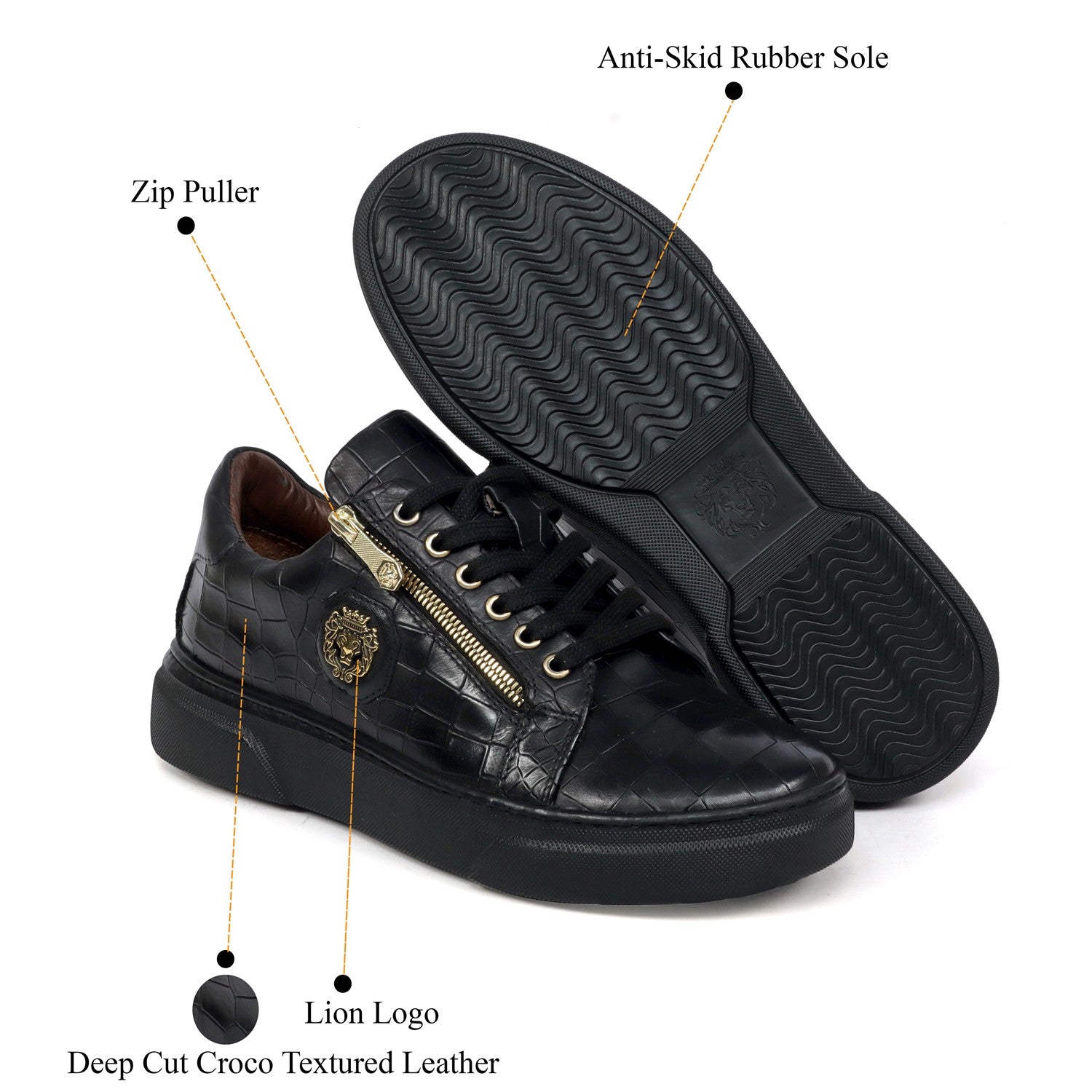 Zipper Black Sneaker in Full Deep Cut Croco Leather with