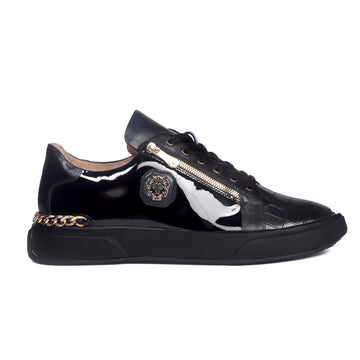 Golden Chain Embellished Sneakers with Zipper Lace Up Patent Quarter with Deep Cut Croco Print Toe Leather