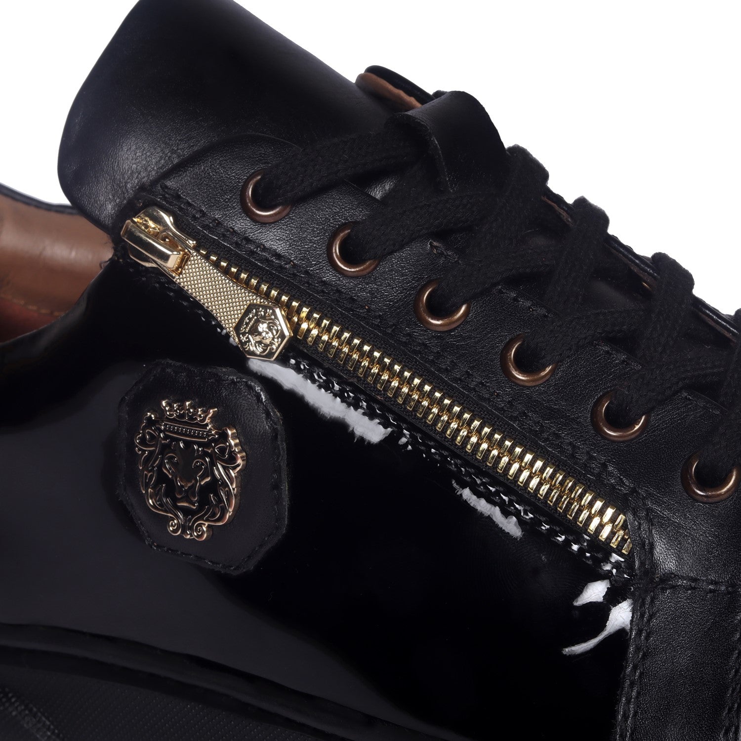 Golden Chain Embellished Sneakers with Zipper Lace Up Patent
