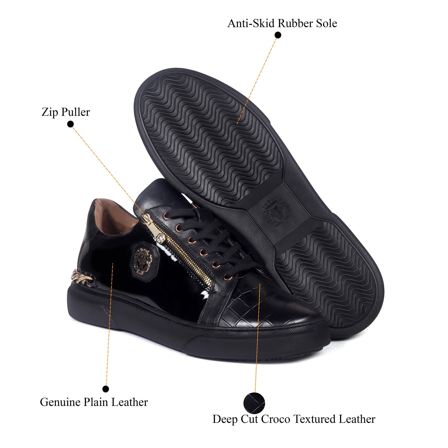 Golden Chain Embellished Sneakers with Zipper Lace Up Patent