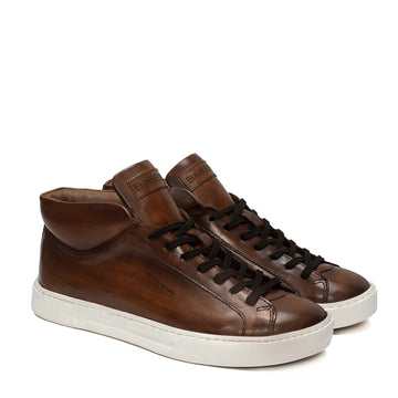 Paint Brush Look Casual Sneaker with Lace-Up Closure in Genuine Brown Leather