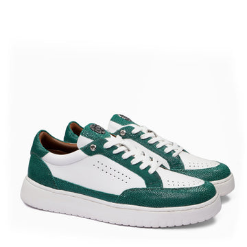 Contrasting Sneakers in White Leather & Green Stingray