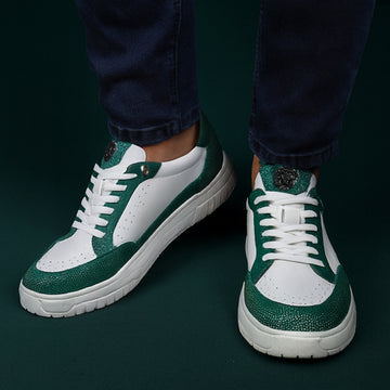 Contrasting Sneakers in White Leather & Green Stingray