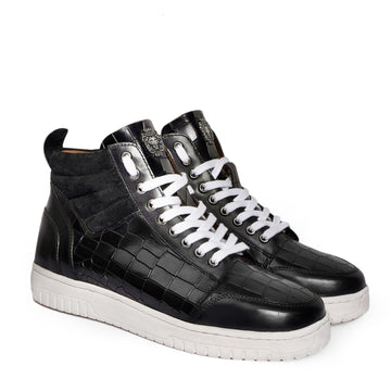 Black Leather Sneakers in Suede Collar Detailing With Metal Lion Logo