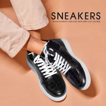 Black Leather Sneakers in Suede Collar Detailing With Metal Lion Logo