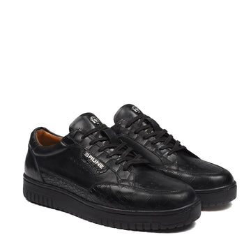 Premium Black Croco Embossed Leather Low-Top Sneakers