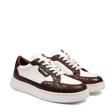 Premium Dual Tone White & Brown Croco Embossed Leather Low-Top Sneakers