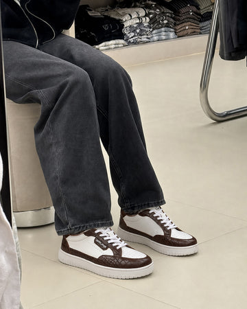 Premium Dual Tone White & Brown Croco Embossed Leather Low-Top Sneakers
