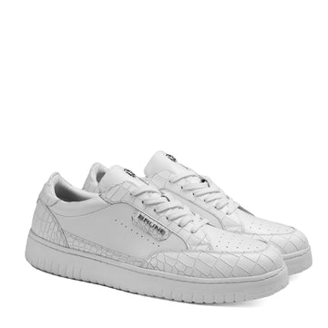 Premium White Croco Embossed Leather Low-Top Sneakers