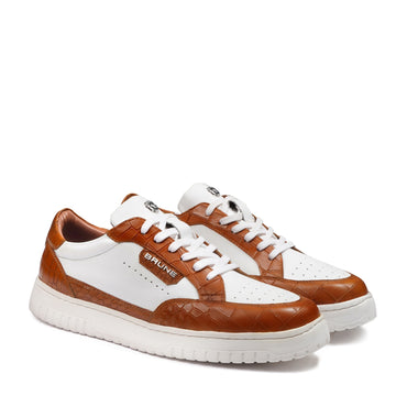 Premium Dual Tone White & Tan Croco Embossed Leather Low-Top Sneakers
