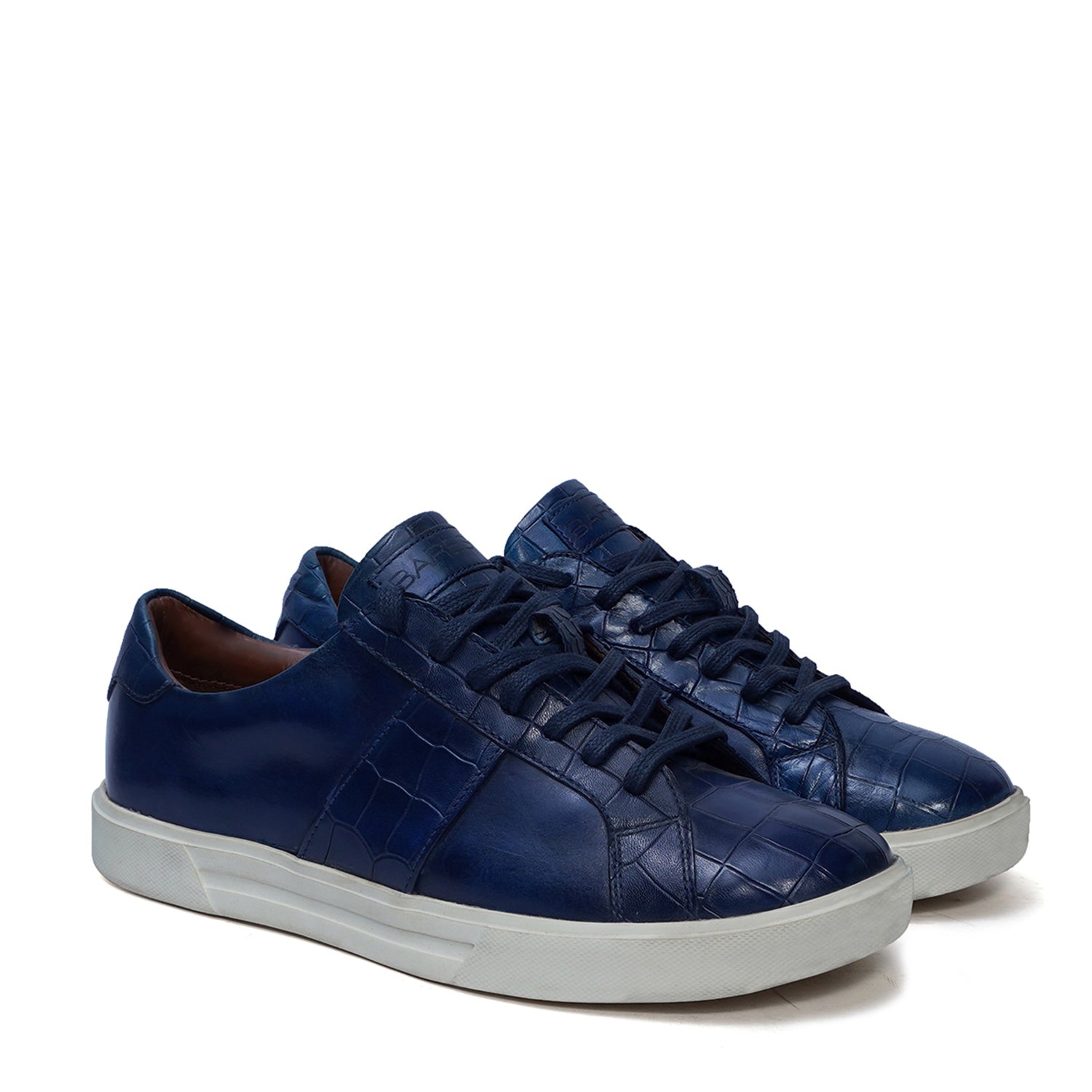 Low Top Deep Cut Leather Blue Sneaker with Lace-Up Closure