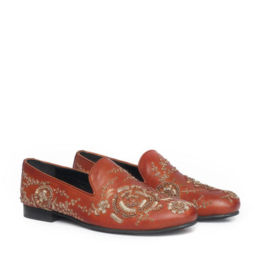 Tan Leather Slip-On Shoes with Copper Gold Zardosi Embroidery By Brune & Bareskin