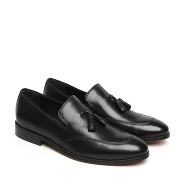 Tassel Style Black Leather Apron Toe Slip-ons