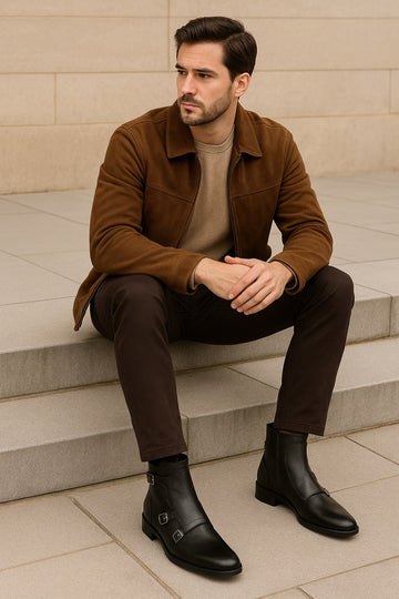 Men's Black Triple Monk High Ankle Leather Boots By Brune & Bareskin