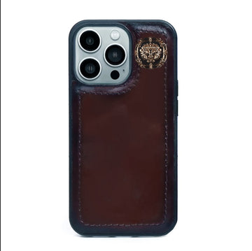 iPhone 13 golden penny with dark brown leather mobile cover