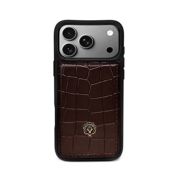 Dark Brown Croco Textured Leather iPhone 17 Pro/Pro Max Cover with Black Frame