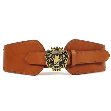 Brand Logo Corset Buckle Belt in Tan Genuine Leather