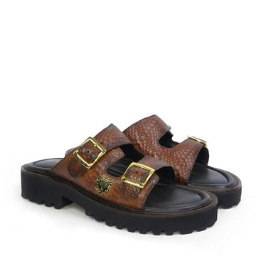 Lug Sole Adjustable Buckle Leather Slipper in Snake Skin Textured