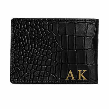 Black Deep Cut Croco Textured Bi-Fold Wallet