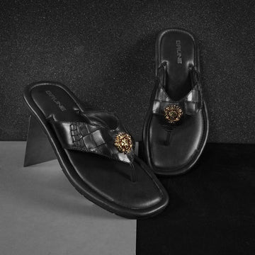V-Strap Croco Embossed 3D Metal Lion Logo Slipper in Black Leather