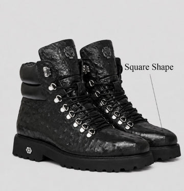 Black Biker Boots in Premium Authentic Ostrich Leather In a Square Shape