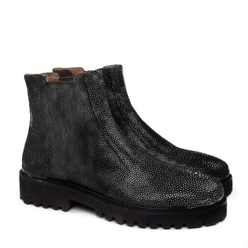 Chunky Sole Exotic Black Stingray Fish Leather Boots