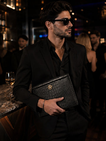 Black Croco Embossed Leather Zip Clutch Bag with 3D Golden Lion Logo