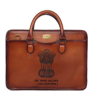 Tan Classic Genuine Leather Laptop Office Briefcase With Golden Accessory By Brune & Bareskin