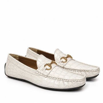White Deep Cut Leather Loafer With Horse-bit Buckle