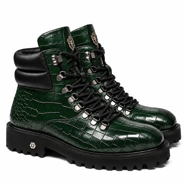 Luxury Green High-Top Croco Embossed Leather Chunky Boots