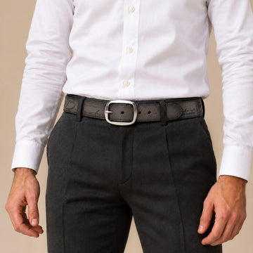 Engraved Scritto With Rounded Corners Silver Buckle Grey Leather Belt