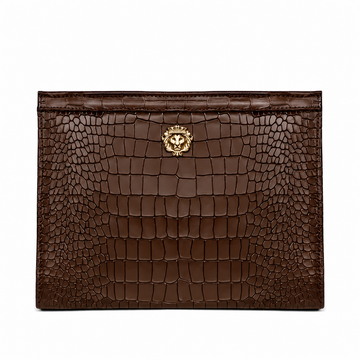 Dark Brown Croco Embossed Leather Fingerprint Security Handbag with 3D Golden Lion Logo