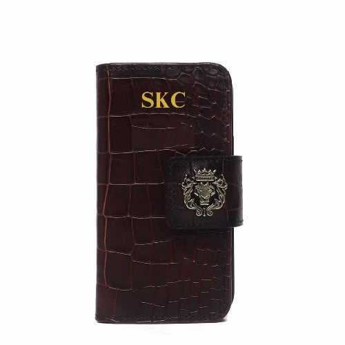 BROWN FLIP CASE MOBILE COVER IN CROCO TEXTURED LEATHER BY BRUNE & BARESKIN