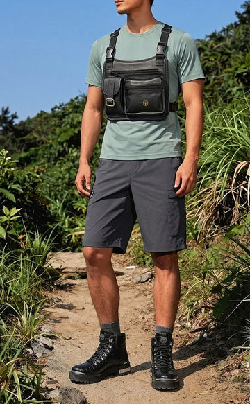 Premium Black Textured Leather Multi-Compartment Chest Pack