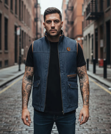 Blue Denim Vest with Tan Leather Trims