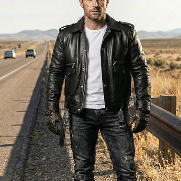 Men’s Black Leather Biker Belt Jacket with Silver Accessories