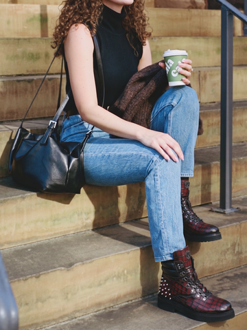 Women Light Weight Biker Studd Chunky Boots in Wine  Croco Embossed Leather