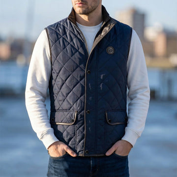 Puffer Navy Blue Vest with Dark Brown Leather Trims