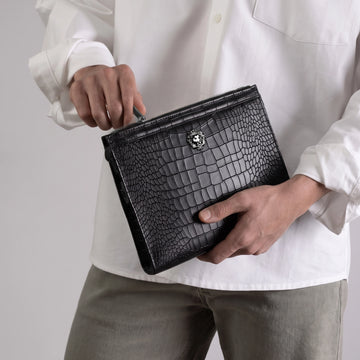 Black Croco Embossed Leather Zip Clutch Bag with 3D Silver Lion Logo