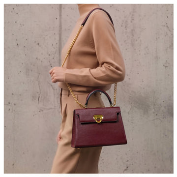 Medium Sized Wine Pebbled Leather Handbag